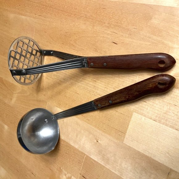 Vtg Set of 2 Imperial Veri-Sharp Kitchen Utensils Stainless Wood Ladle Masher - Picture 1 of 6